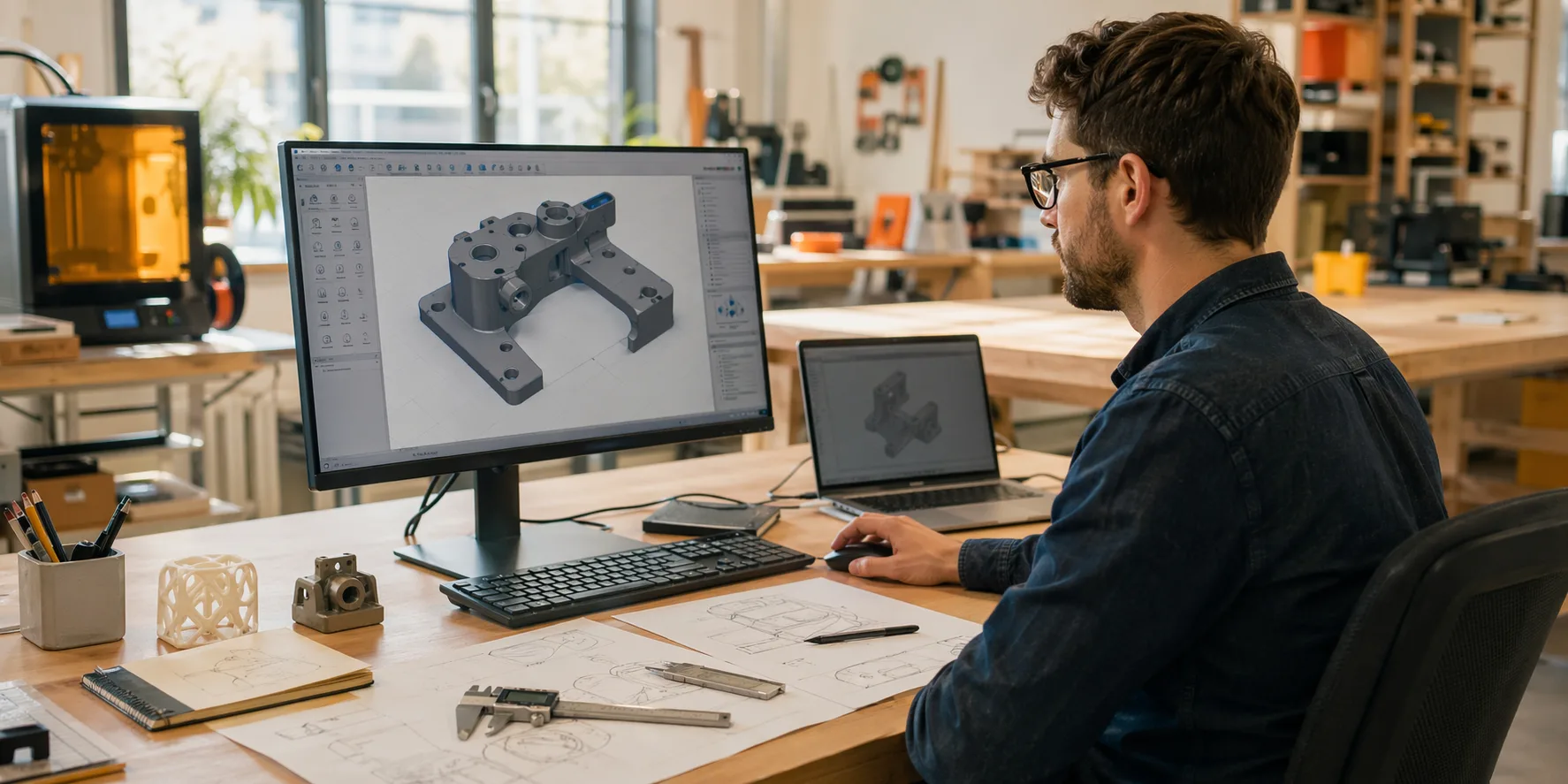 Photo d'un poste de conception assistée par ordinateur préparant un prototype