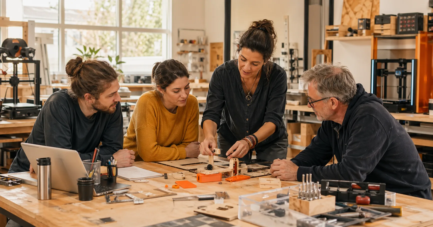 Photo d'un atelier collectif autour d'un prototype au Fablab